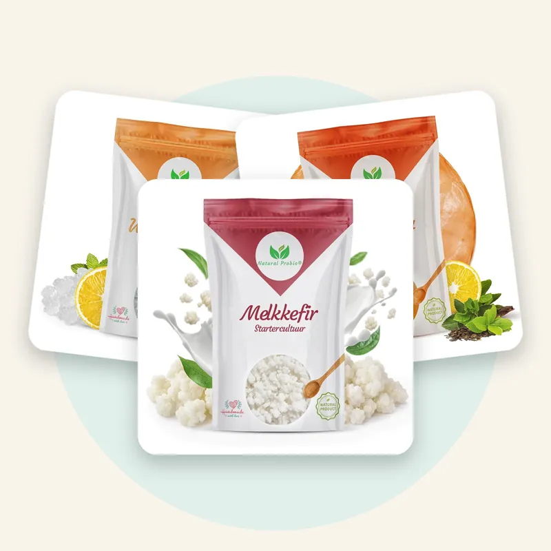 Complete set met waterkefir kristallen, melkkefir korrels en kombucha SCOBY