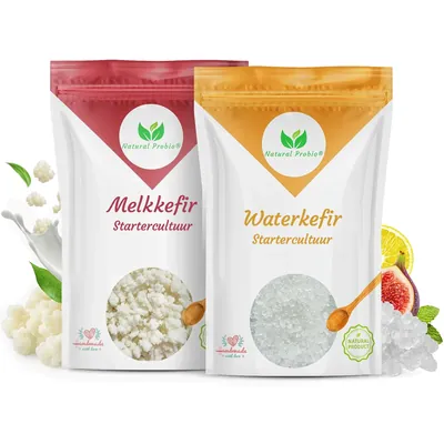 Kefir duo: zakjes met melkkefir korrels en waterkefir kristallen